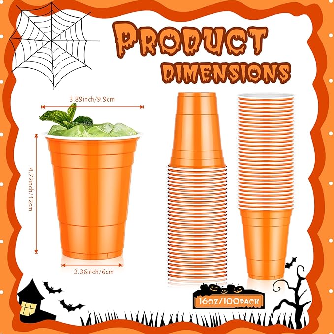 Dualshine 100 Pack Halloween Orange Plastic Cups 16 oz, Disposable Cups for Party, Heavy Duty Drinking Cups for Wedding Birthday Halloween Beer Taste Serving Snack Sample Tastings Barbecues Picnic