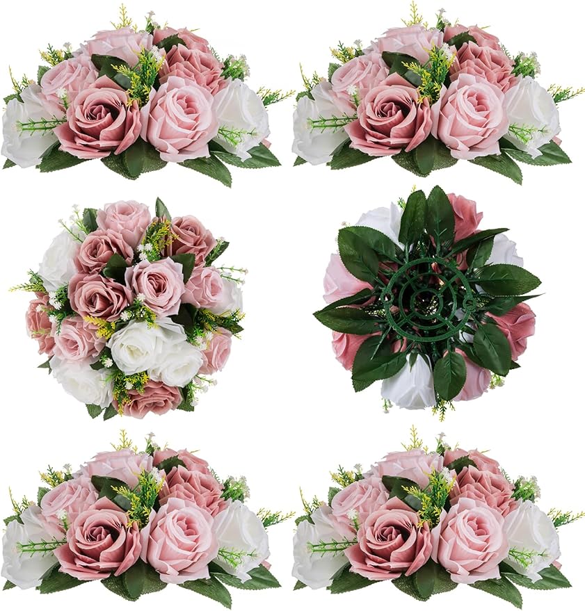 BLOSMON Dusty Rose Flowers Centerpieces: 6 Pcs Pink Roses Artificial Flowers Balls for Wedding Dinning Table - Fake Silk Kissing Floral Arrangement for Home Party Event Decor