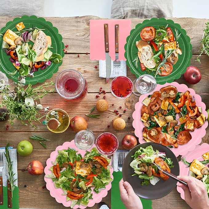 260 Pcs Green And Pink Party Supplies - For 52 Guests Paper Plates And Napkins/Cups - Disposable Small Scalloped Dinner Party Set Cutlery - For Bbq Baby Shower Bridal Shower Wedding