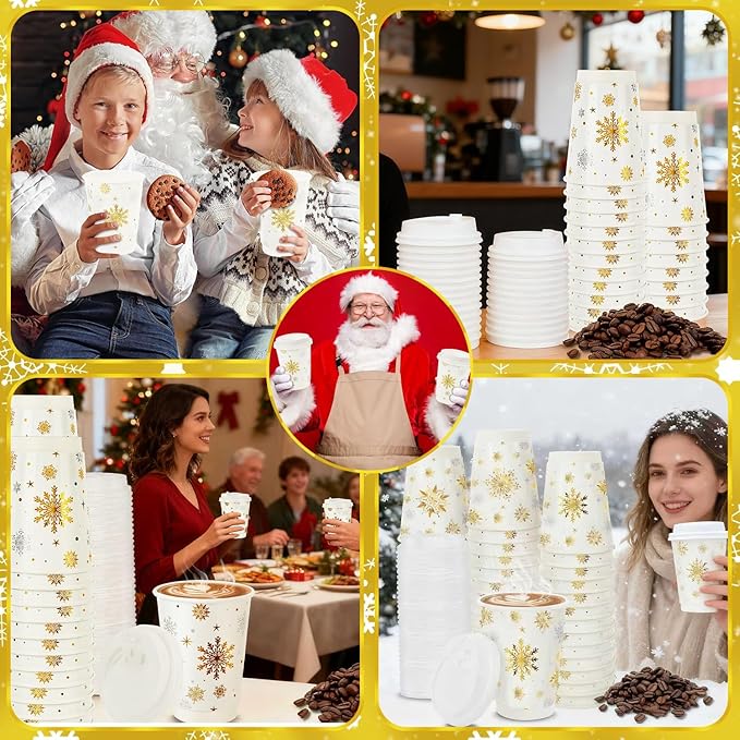 100 Pcs Christmas Coffee Cups with Lids 12oz Gold Foil Snowflake Paper Cups Insulated Cups for Xmas Hot Cocoa Beverage Winter Party Supplies Hot Chocolate Coffee Water Tea Xmas Holiday Supplie