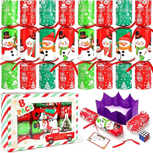 8 Pack Non-Snap Christmas Table Party Favors with Party Hats Joke Little Gifts for Kids Adults, Christmas Snowman Design, Xmas Seasonal Holiday Dinner Traditions Supplies