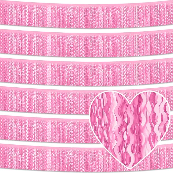 6 Pack 10 Feet Macaron Pink Wave Foil Fringe Garland Metallic Tinsel Streamers Banner Wall Hanging Curtain Backdrop for Parade Floats, Mother's Day, Easter, Wedding, Birthday Party Decoration