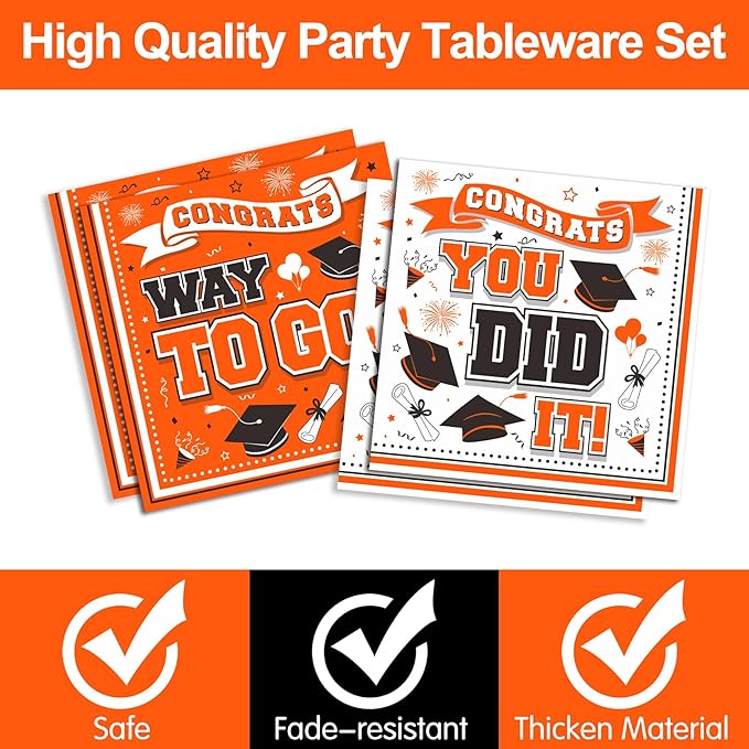 Graduation Decorations Class of 2025 - Orange Graduation Party Supplies 2025 Include Plates, Cups, Napkins, Cutlery, 24 Guests