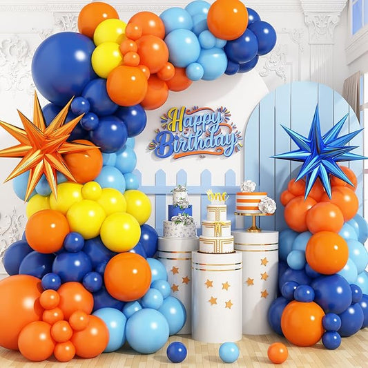 Blue and Orange Yellow Balloon Arch Kit with Star Foil Balloons, Orange Blue and Yellow Balloons Garland Kit for Kids Birthday Baby Shower Graduation Engagement Party Decorations Supplies