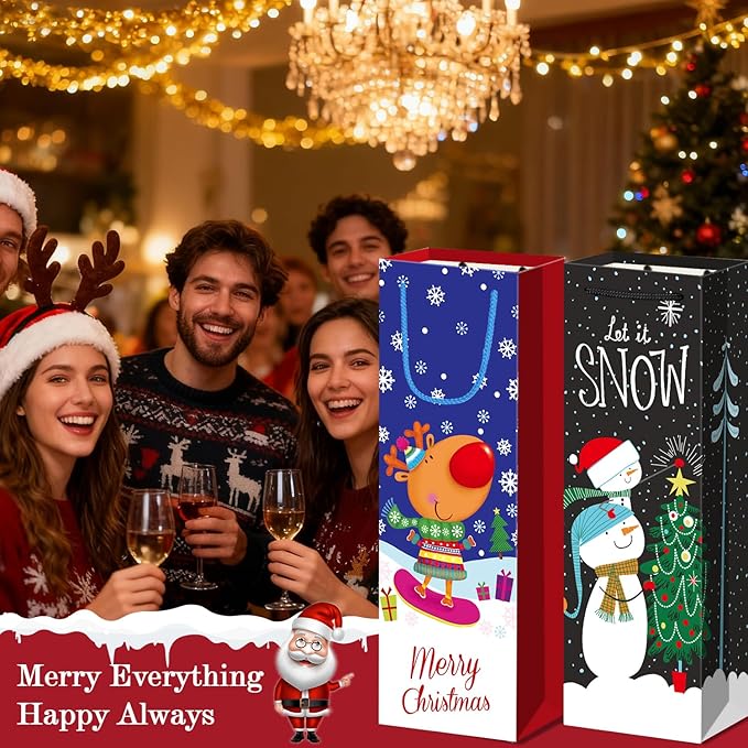 Xylitic 12 Pack Christmas Wine Bags Bulk with Handles, Holiday Wine Gift Bags for Bottles, Birthday Xmas Party Supplies, Drinkers Present (4.7” x 3.5” x 14”)