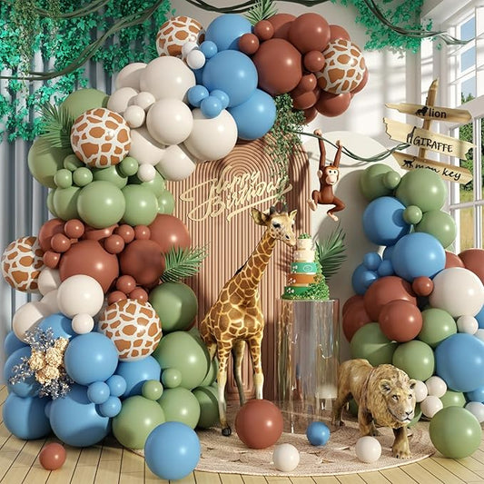 Sage Green Brown Balloon Arch Garland Kit, Olive Green Cream Nude Safari Balloons Brown Coffee Beige Light Blue Giraffe Print Balloons for Jungle Hunting Woodland Birthday Baby Shower Wild Decorations