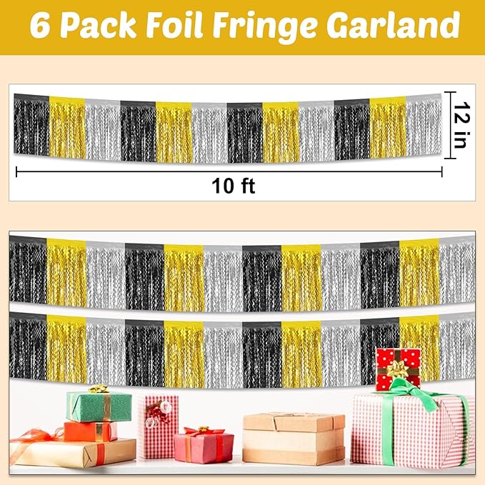 6 Pack 10 Feet Black Gold Silver Wave Foil Fringe Garland Metallic Tinsel Streamers Banner Wall Hanging Curtain Backdrop for Parade Floats, Mother's Day, Easter, Wedding, Birthday Party Decoration