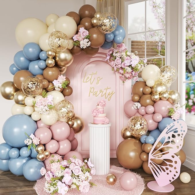 148Pcs Dusty Pink Blue Brown Yellow Balloon Arch Garland Kit, Retro Pink Dusty Blue Brown Pastel Yellow Gold Confetti Balloons for Baby Shower Wedding Engagement Birthday Party Decorations
