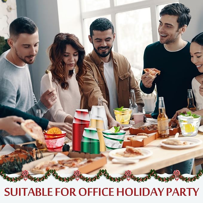 Gejoy 9 oz Rimmed Swirl Plastic Cups Disposable Wine Drinking Cups Clear Elegant Halloween Tumblers for Christmas Party Supplies(Red,Green,Gold,Silver,100 Pcs)