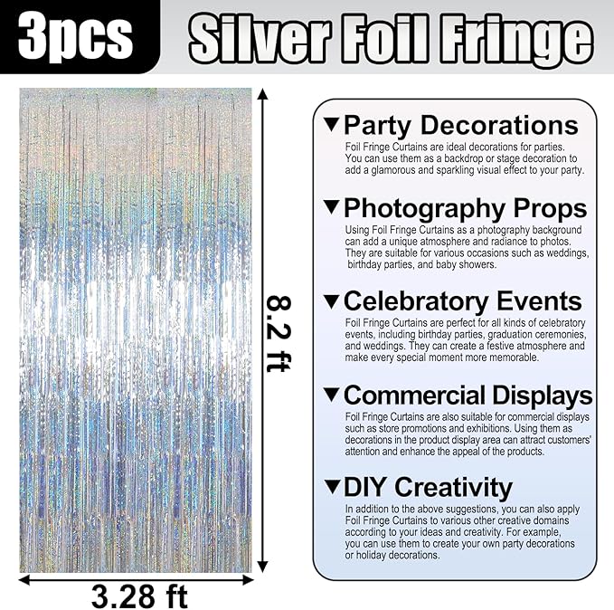 3 Pack Silver Foil Fringe Curtain Backdrop, 3.28Ft x 8.2Ft Metallic Tinsel Foil Fringe Streamer Curtains for Photo Booth, Mother's Day, Easter, Birthday, Wedding Party Decorations