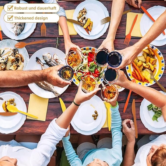 300Pcs Red Orange Yellow Brown Plastic Silverware Heavy Duty Disposable Flatware Cutlery Set Includes Forks Spoons Knives for Wedding Birthday Party Thanksgiving Autumn Fall Party Supplies