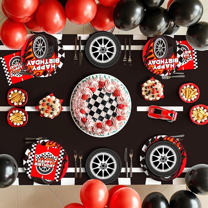 Car Birthday Decorations Kit: Car Theme Party Supplies for 25 - Includes Dinner & Dessert Plates, Napkins, Cups, Banner and Tablecloth for Boys' Racing Car Birthday Party Decorations