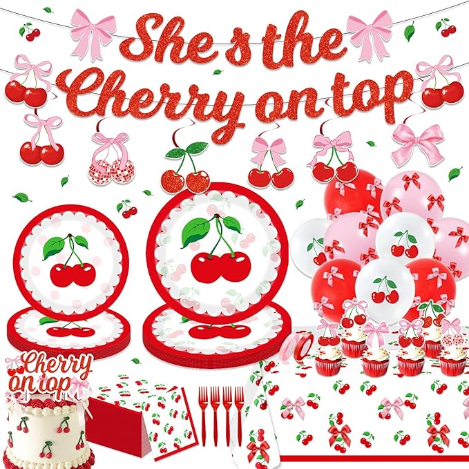 143PCS Cherry Birthday Party Decorations, She's The Cherry On Top Party Supplies Plates and Napkins Set, Tableware,Banner, Hanging Swirls, Tablecloth, Cake Cupcake Topper, Wedding Bridal Baby Shower