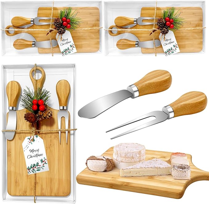 2 Set Christmas Gifts Bridal Shower Favor Bamboo Wooden Square Cheese Board Gift Set Cheese Knives Mini Cutting Board Bulk Set Tags and Boxes Christmas Party Birthday