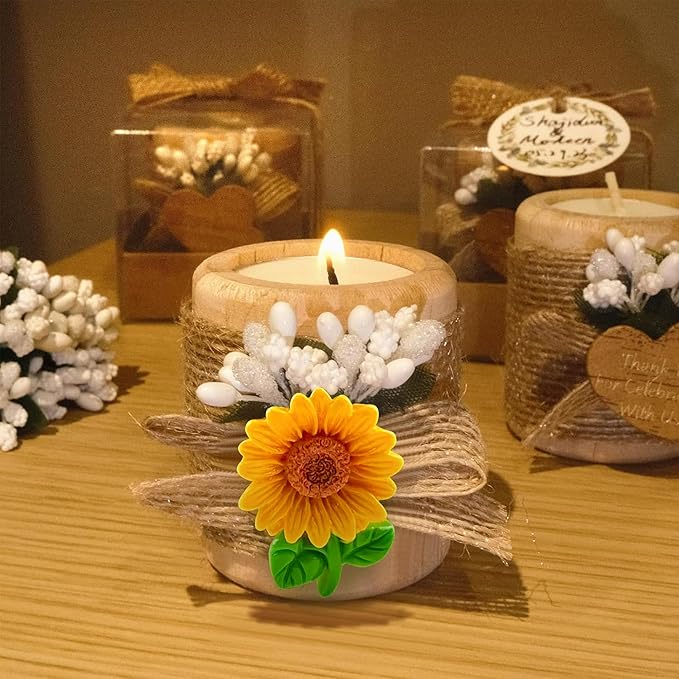 24 Pack Sunflower Wood Tealight Handmade Candle Holders - Wedding, Baby Shower, Baptism Favors & Centerpieces, Cylinder Candles Decorations