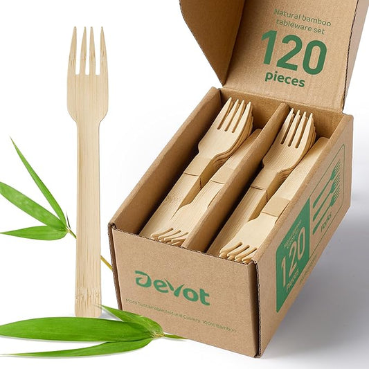Devot 100% Natural Bamboo Disposable Cutlery Set - 120 Forks 6.7", Eco Friendly Utensils, Biodegradable, Compostable, Splinter Free and Perfect For Weddings, Camping, Party