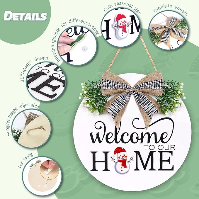 Interchangeable Welcome Sign for Front Door - Solid Wooden Welcome Wreaths with 16 Seasonal Holiday Icons Front Door Decor for Farmhouse Hanging, Valentine's, Easter Christmas Housewarming Gift Decor