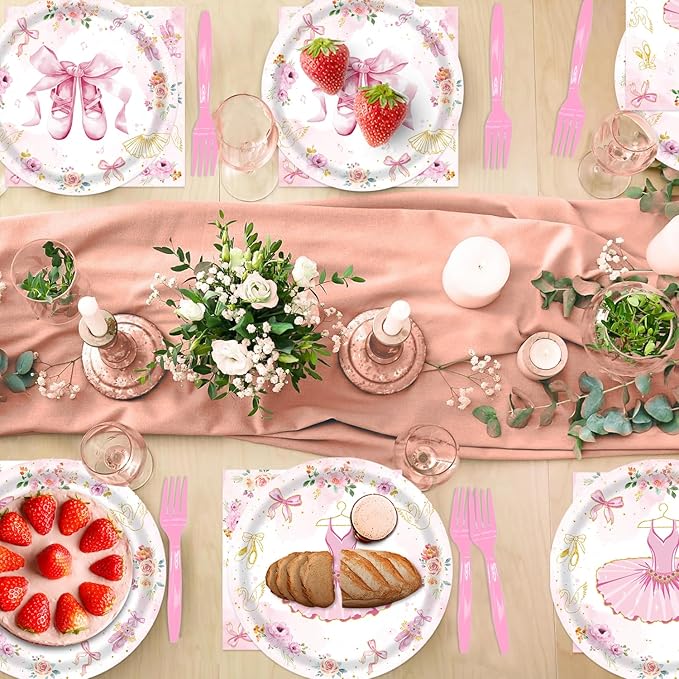 96Pcs Ballerina Birthday Party Decorations for 24 Guests - Disposable Tableware Ballerina Supplies Party Favors Plates and Napkins Forks for Girls Baby Shower Birthday Decorations
