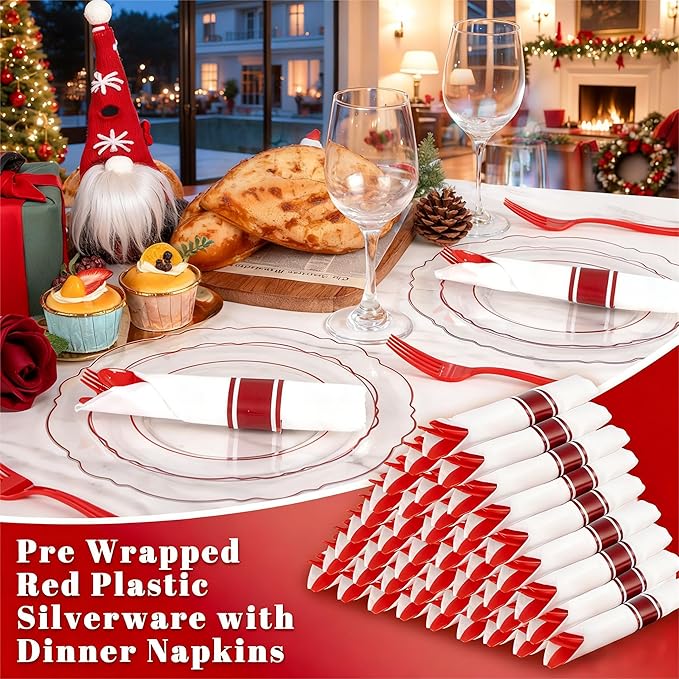 Liacere 400PCS Pre Rolled Red Silverware and Napkin - Disposable Red Plastic Utensils-Wrapped Plastic Cutlery Set with Napkin:100Forks,100Knives,100Spoons,100Napkins for Wedding＆Valentine＆Christmas
