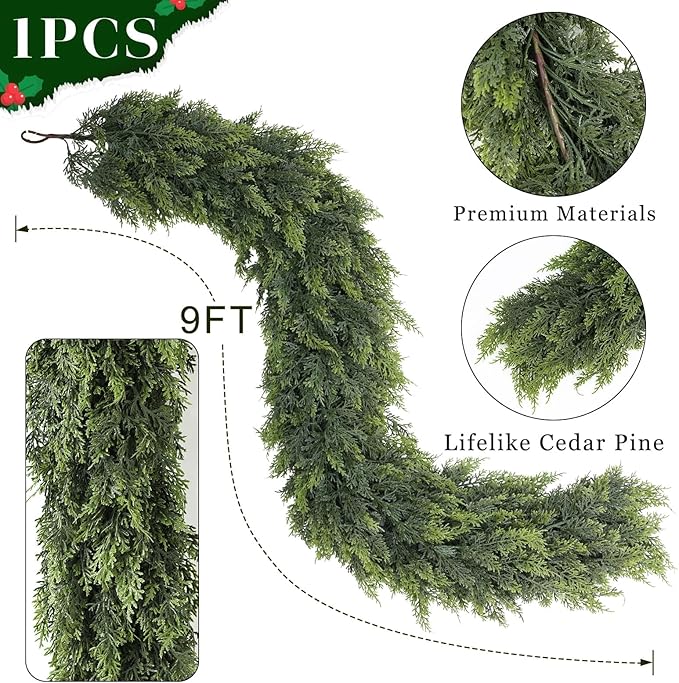 9FT Real Touch Cedar Garland for Fireplace - Artificial Christmas Garlands Realistic Faux Greenery Fake Pine Needles Garland for Holiday,Table, Window,Mantel,Stairs, Home,Indoor Outdoor Decor (1PCS)