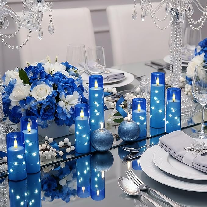Raycare Flameless Candle with Remote Timer – 9 Flickering Acrylic Battery Operated LED Pillar Candles with Embedded Star String for Christmas, Home Decor, and as a Gift (Blue)