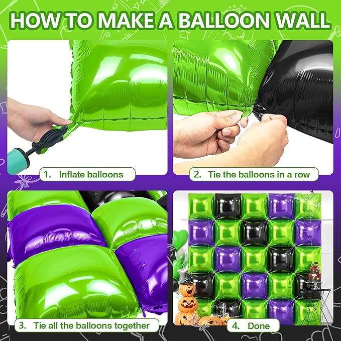 NISOCY 25PCS Green Purple Black Square Foil Balloons Wall Backdrop Metallic Double Sided Light Green Purple Black Balloons Tunnel Arch Kit for Halloween Birthday Graduation New Year Party Decorations