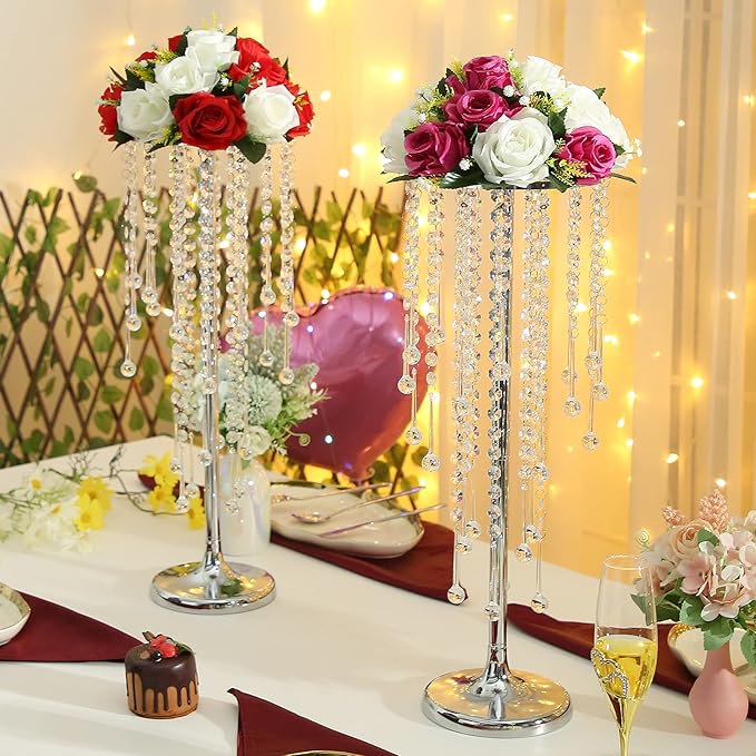 21.6in Wedding Center Stand, Silver Metal Flower Holders Centerpiece Vase with Crystal 2-Piece Charming Candle Holder,for Reception Tables Décor Wedding Anniversary Party Centerpieces