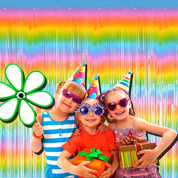 4 Pack Macaron Rainbow Foil Fringe Curtain Backdrop, 3.28Ft x 8.2Ft Metallic Tinsel Foil Fringe Streamer Curtains for Photo Booth, Birthday, Wedding, New Year’s, Easter Decorations Party Supplies