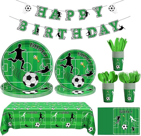 Soccer Birthday Decorations, 170 Pcs Soccer Party Decorations Including Banner, Plates, Cups, Napkins, Cutlery, Straws and Tablecloths, Serves 24