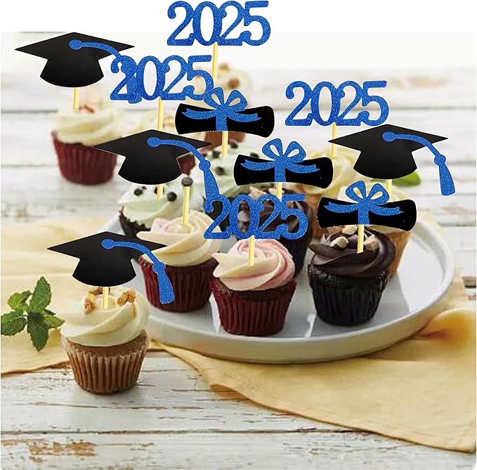 2025 Graduation Cupcake Toppers, 48 PCS Food/Appetizer Picks For Graduation Party Mini Cake Decorations, Diploma, 2025, Grad Cap Set 48 Pieces (02 Blue)