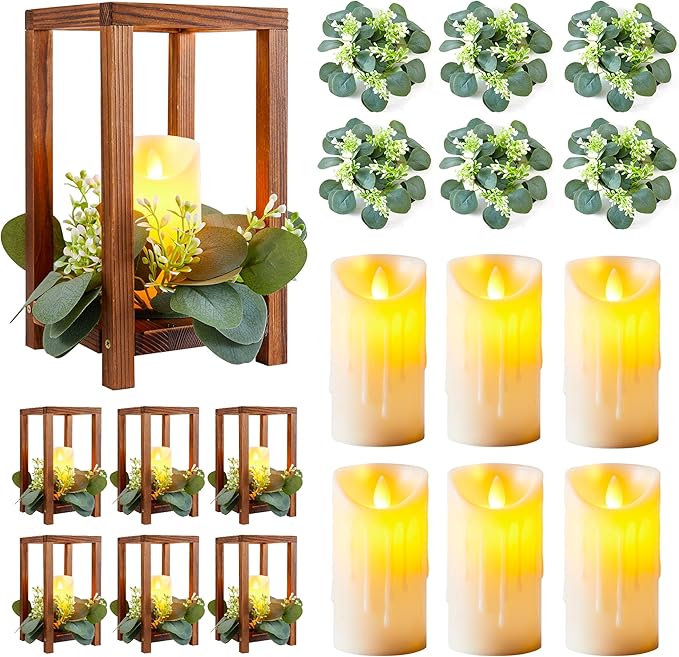 6 Set/18 Pcs Wooden Wedding Lantern Centerpiece Include 6 Wooden Lantern Candle Holder 6 Flameless LED Candle 6 Eucalyptus Leaves Wreath for Centerpieces Wedding Table Party Farmhouse Decor
