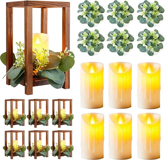 6 Set/18 Pcs Wooden Wedding Lantern Centerpiece Include 6 Wooden Lantern Candle Holder 6 Flameless LED Candle 6 Eucalyptus Leaves Wreath for Centerpieces Wedding Table Party Farmhouse Decor