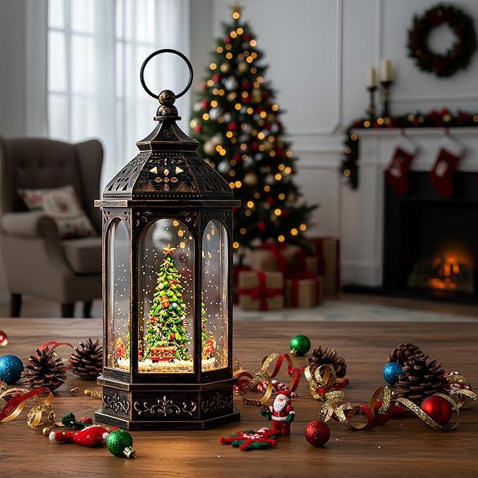 12.8'' Christmas Snow Globe, Santa Train Will Rotate Around The Christmas Tree with Musics Swirling Glitter Water Lantern Decoration for Home, Battery Operated or USB Powered