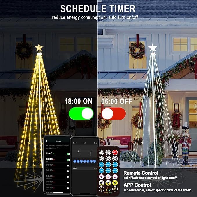 9FT 444LEDS Outdoor Christmas Tree Lights, Smart Cone Tall Pop Up with Star, Timer, Waterproof, APP & Remote, Music Sync, Multicolor/WarmWhite, Outside Xmas Yard Porch Decor