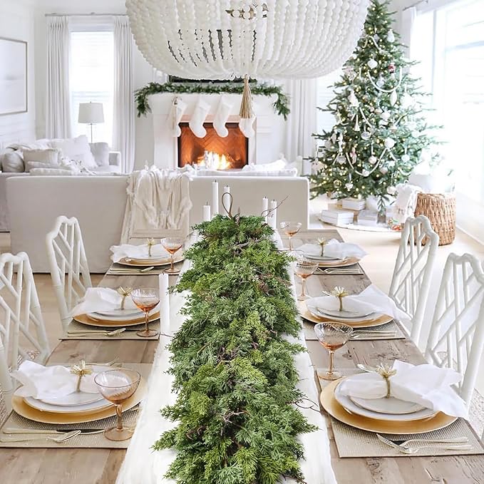Christmas Pine Garland Greenery Decoration, Artificial Cedar Branches Cypress Garland for Holiday Fireplace Mantel Table Centerpiece