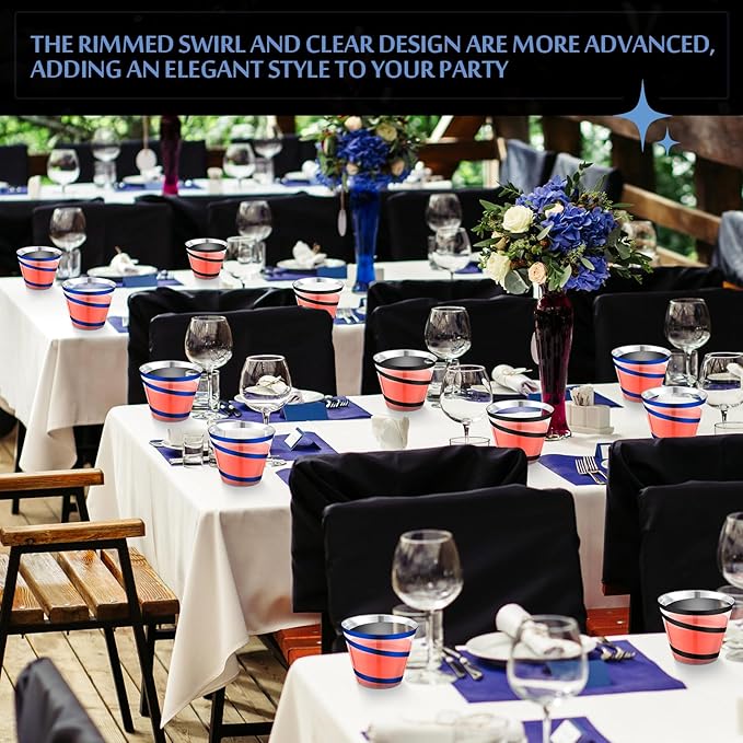 Gejoy 9 oz Rimmed Swirl Plastic Cups Disposable Wine Drinking Cups Clear Elegant Halloween Tumblers for Christmas Party Supplies(Black, Blue,100 Pcs)