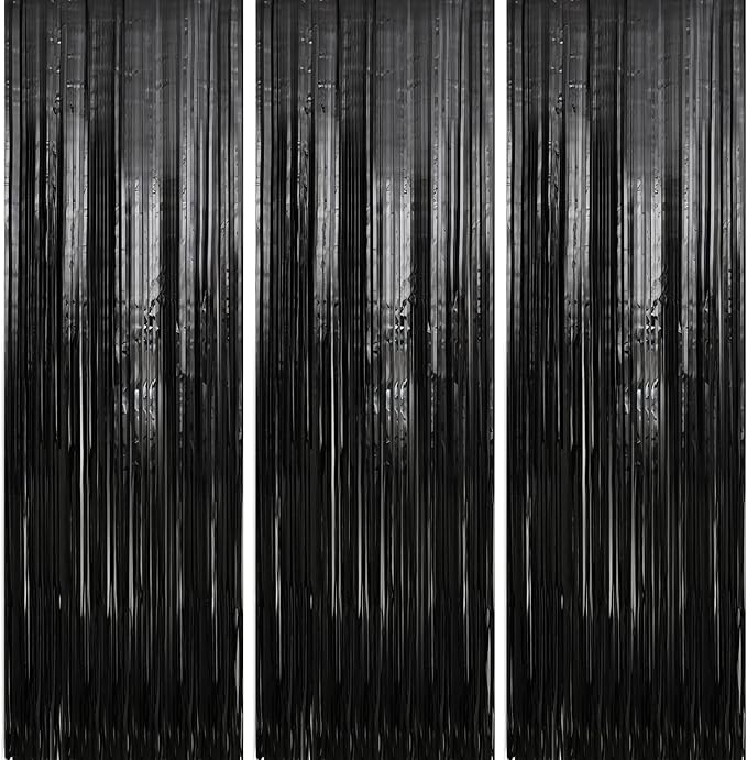 Crosize 3 Pack 3.3 x 9.9 ft Black Foil Fringe Backdrop Streamer Curtains, Birthday Party Decorations, Tinsel Curtain for Parties, Photo Booth Backdrops, Party Decor