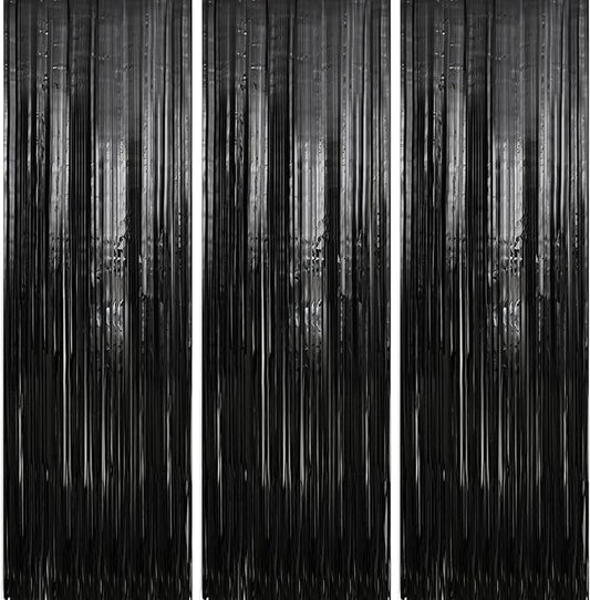 Crosize 3 Pack 3.3 x 9.9 ft Black Foil Fringe Backdrop Streamer Curtains, Birthday Party Decorations, Tinsel Curtain for Parties, Photo Booth Backdrops, Party Decor