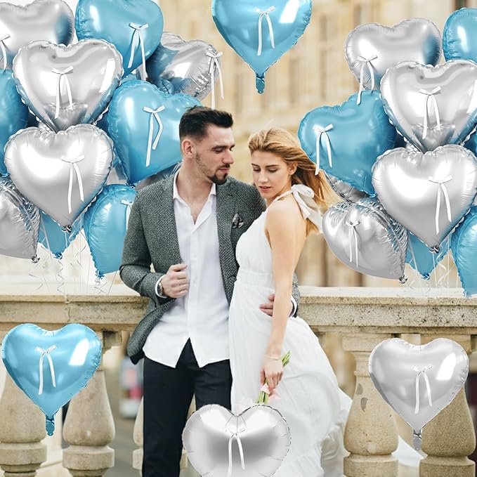Blue and Silver Heart Balloon, 10 Pcs Light Blue Heart Shaped Balloon with White Bow Ribbon, 18 Inch Metallic Silver Foil Balloons for Boys Men Brithday Baby Shower Wedding Valentines Party Decoration
