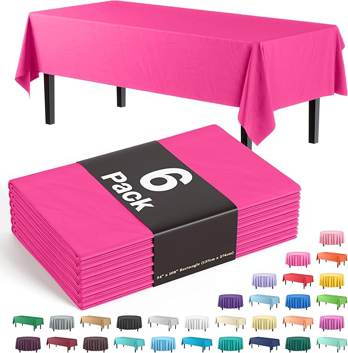 Party Solids 6-Pack Premium Plastic Tablecloth 54in. x 108in. Rectangle Plastic Table Cover - Cerise
