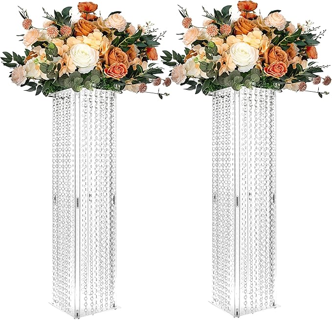 2 Pcs Wedding Centerpieces Table Acrylic Vases with Chandelier Crystal - 31.5in Tall Clear Rectangular Flower Stand Geometric Flower Centerpiece Vase Party Tables Decorations