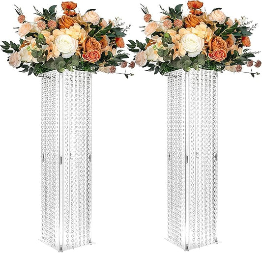 2 Pcs Wedding Centerpieces Table Acrylic Vases with Chandelier Crystal - 31.5in Tall Clear Rectangular Flower Stand Geometric Flower Centerpiece Vase Party Tables Decorations