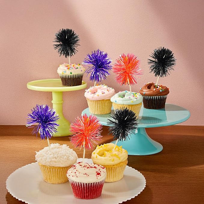 Gyufise 30Pcs Foil Firework Cupcake Toppers Sparkle Tinsel Cake Toppers Tinsel Drink Cake Decoration Cocktail Picks for Halloween Birthday Wedding Graduation Party Supplies Purple Black Orange
