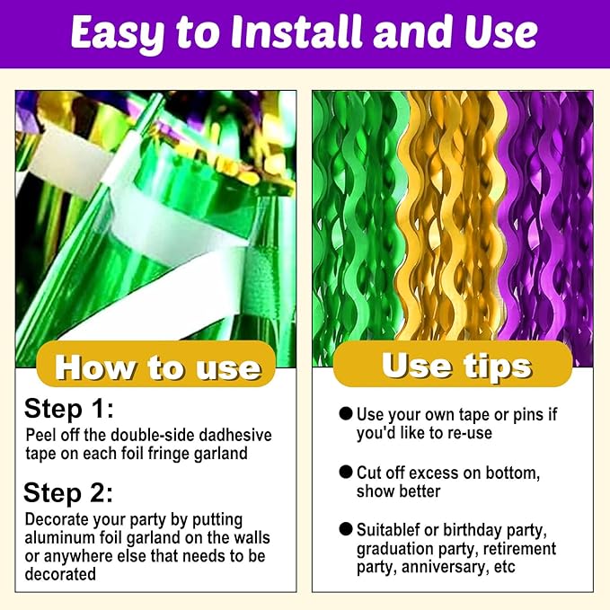 6 Pack 10 Feet Gold Green Purple Wave Foil Fringe Garland Metallic Tinsel Streamers Banner Wall Hanging Curtain Backdrop for Parade Floats, Mother's Day, Easter, Wedding, Birthday Party Decoration