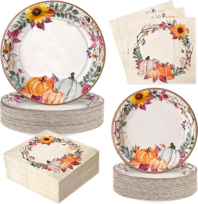 Homlouue 200 Pcs Fall Paper Plates and Napkins, Thanksgiving Plates and Napkins Sets, Fall Pumpkins Wreath Plate Disposable Party Supplies, Heavy Duty Thanksgiving Paper Plate (9" & 7")