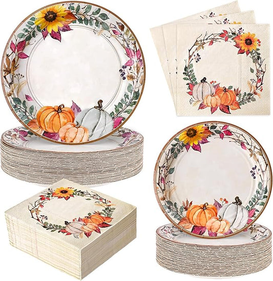 Homlouue 200 Pcs Fall Paper Plates and Napkins, Thanksgiving Plates and Napkins Sets, Fall Pumpkins Wreath Plate Disposable Party Supplies, Heavy Duty Thanksgiving Paper Plate (9" & 7")