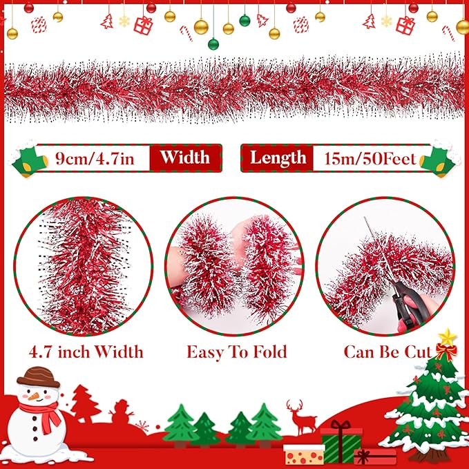 50Ft Christmas Tinsel Garland, Red Snowflake Metallic Twist Garland for Xmas Tree Decorations, Tinsel for New Year Party Ceiling Hanging Decorations Indoor and Outdoor Decor