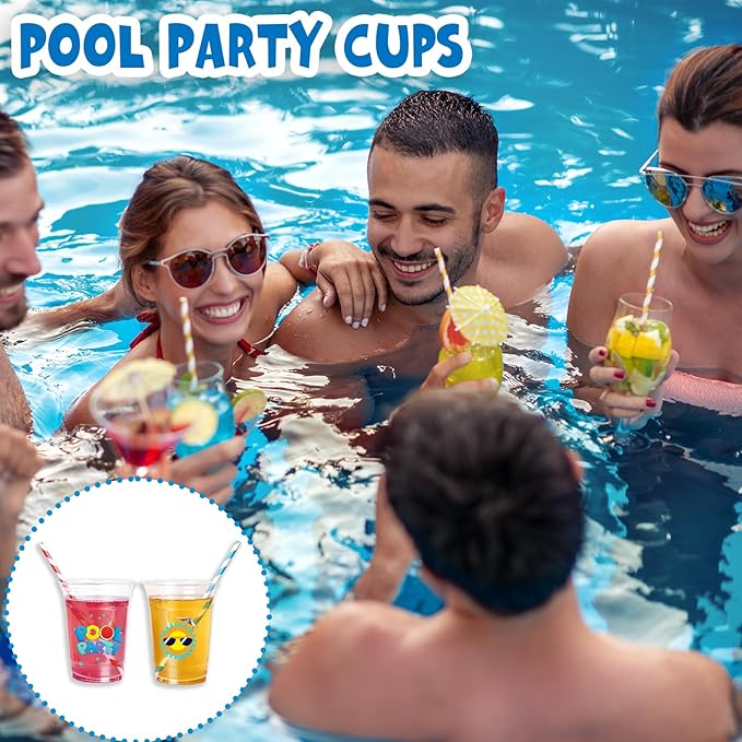 taupphoo 48PCS Beach Pool Party Plastic Cups with Paper lids Summer 16oz Luau Swimming Party Disposable Plastic Cups Drinkware for Beach Ball Pool birthday Decorations favors