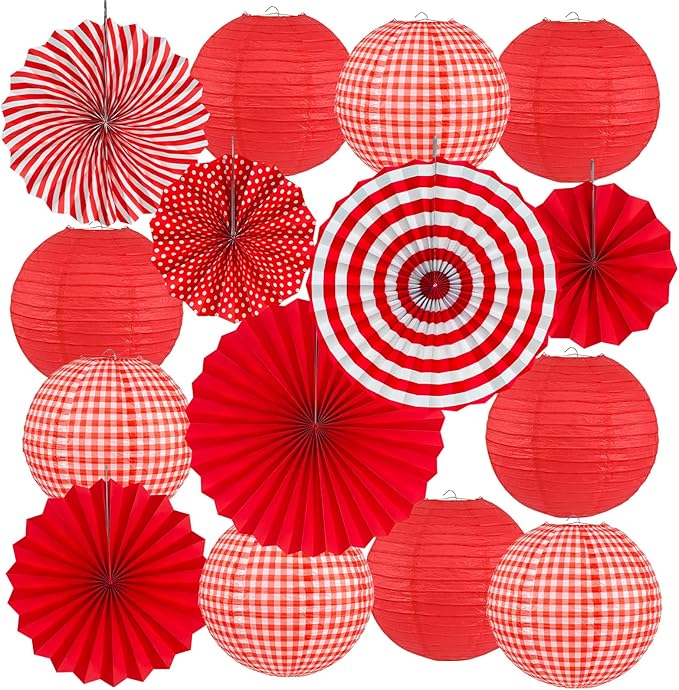 15Pcs Red Party Decorations Kit, Hanging Red Paper Lanterns Paper Fans for Home Decor Birthday Wedding Graduation Picnic BBQ Baby Shower Pizza Party Chinese New Year Decorations 2026