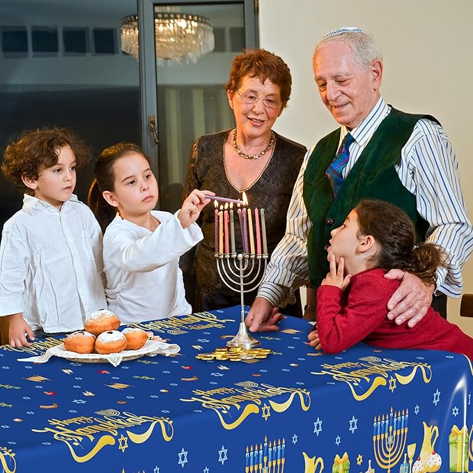 3 PCS Hanukkah Decorations, 108" x 54" Blue Gold Hanukkah Tablecloth, Disposable Happy Chanukkah Plastic Tablecloth, Lights Candles Design Rectangle Chanukkah Tablecovers for Jewish Festival Supplies